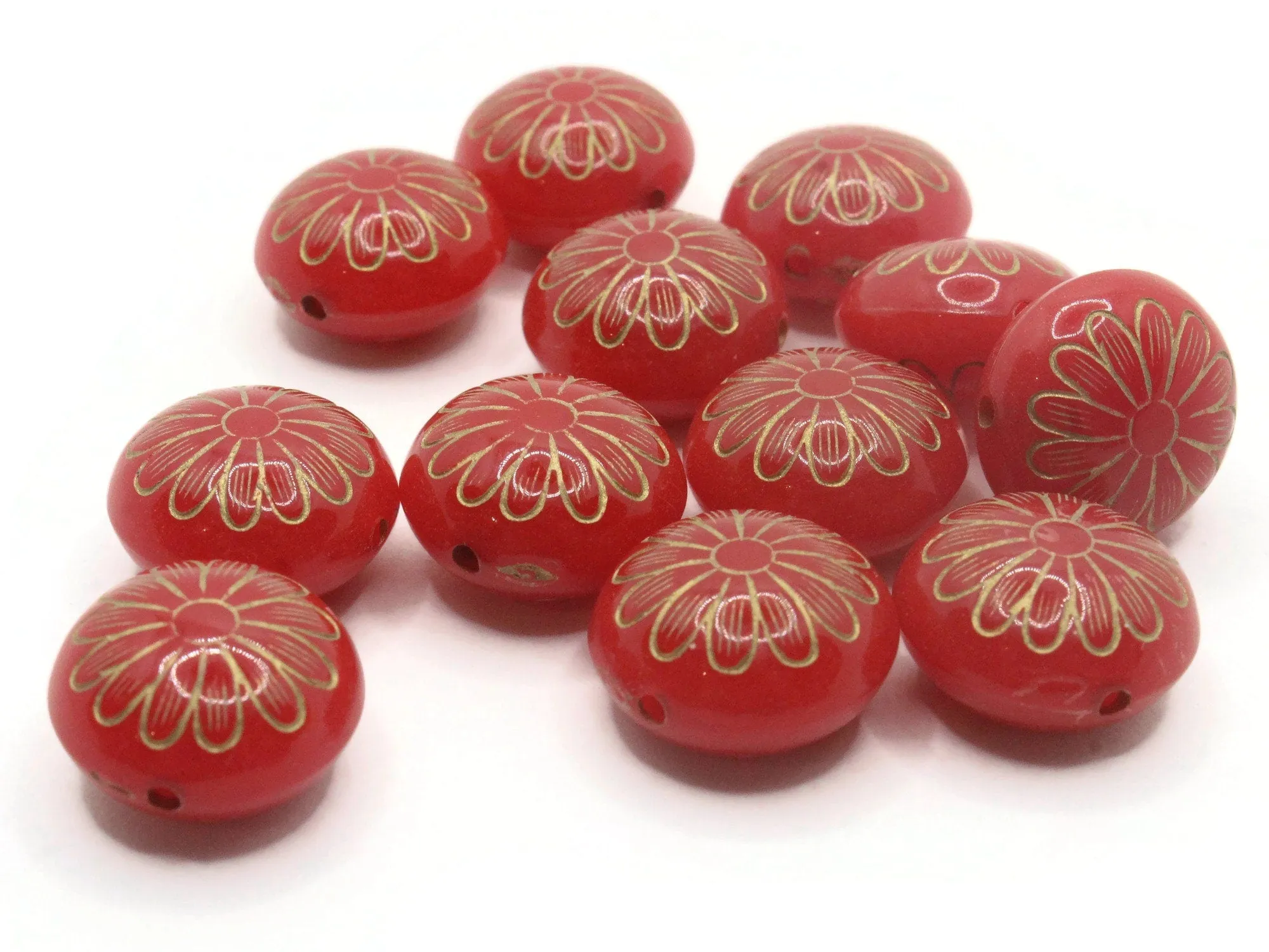 12 15mm Red with Gold Flower Puffed Coin Acrylic Beads