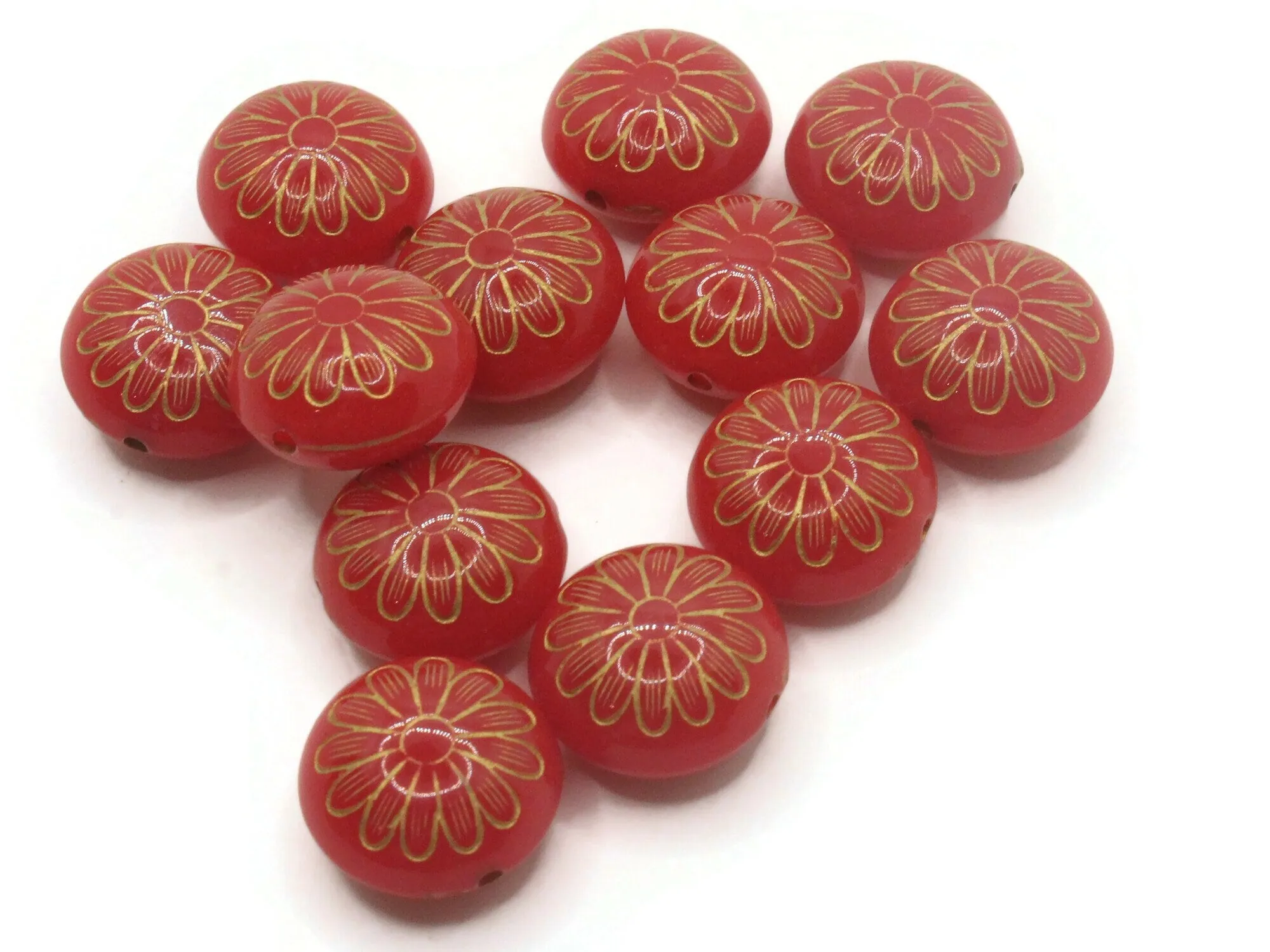 12 15mm Red with Gold Flower Puffed Coin Acrylic Beads