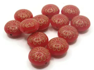 12 15mm Red with Gold Flower Puffed Coin Acrylic Beads