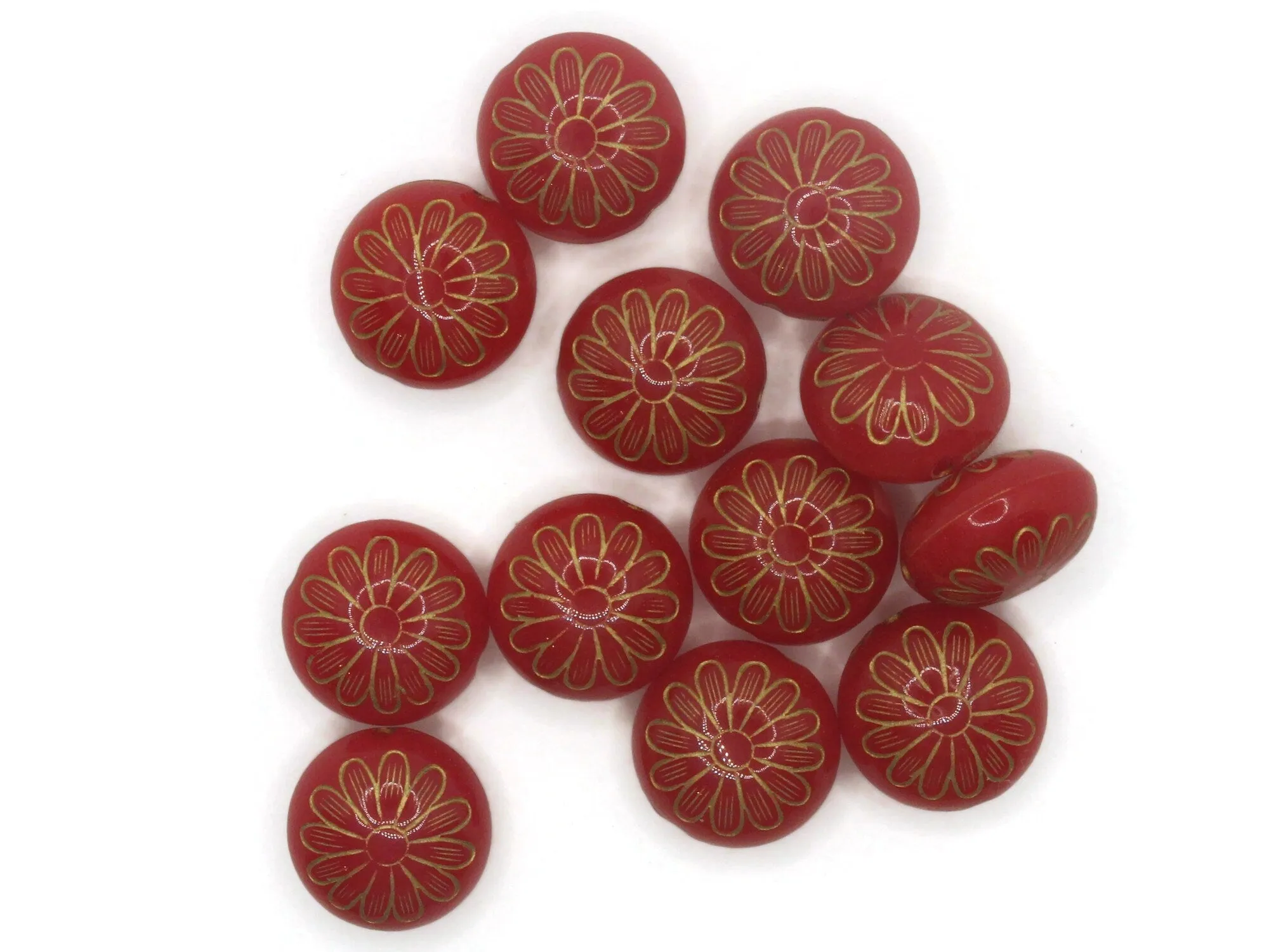 12 15mm Red with Gold Flower Puffed Coin Acrylic Beads