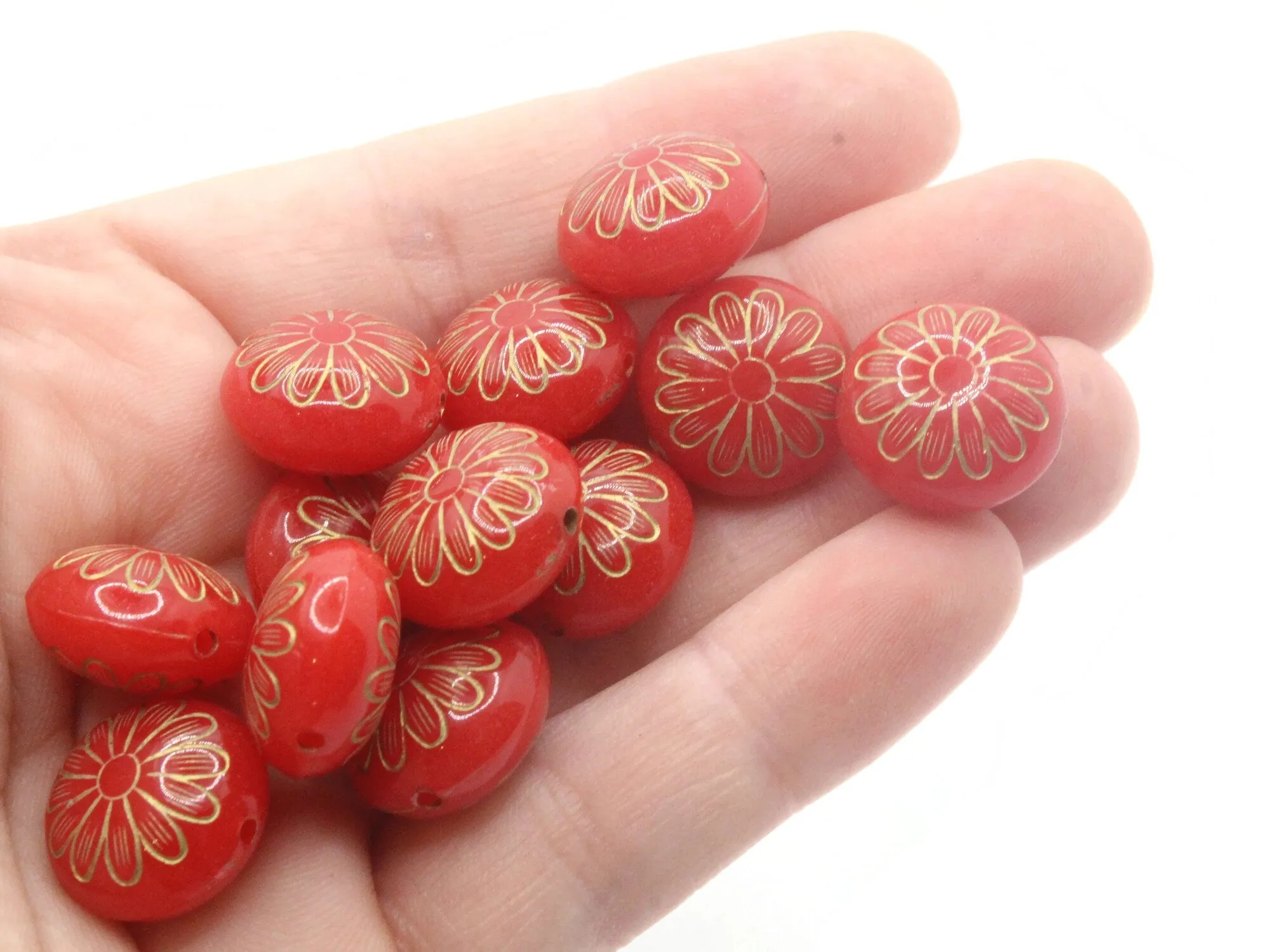 12 15mm Red with Gold Flower Puffed Coin Acrylic Beads