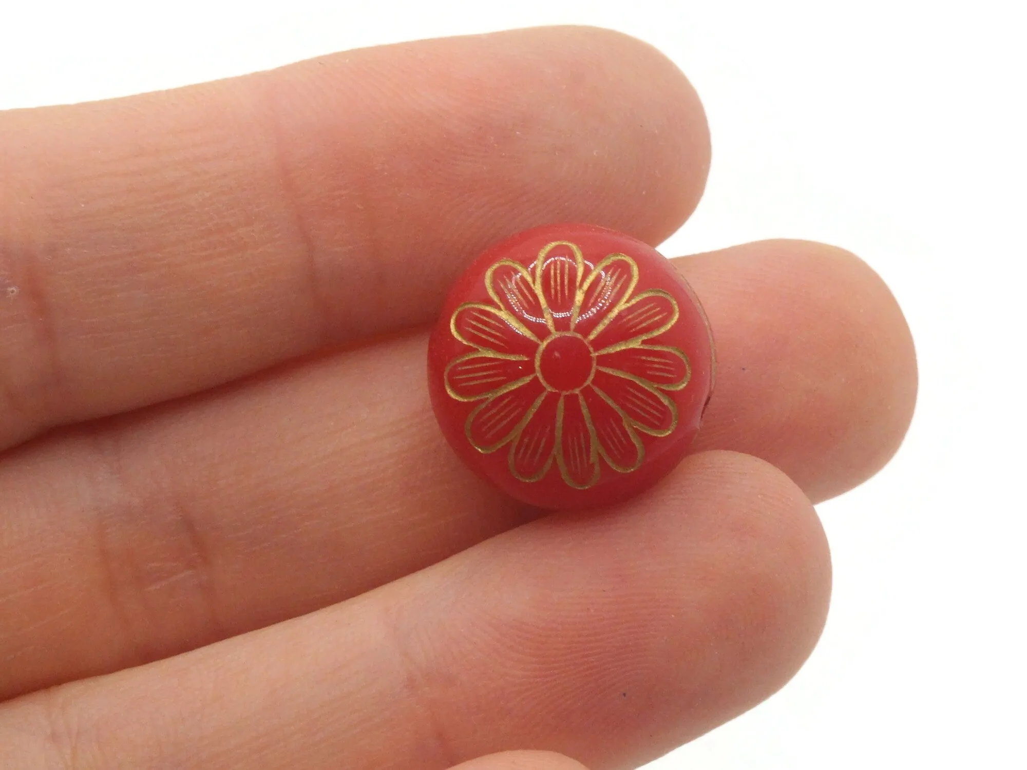 12 15mm Red with Gold Flower Puffed Coin Acrylic Beads