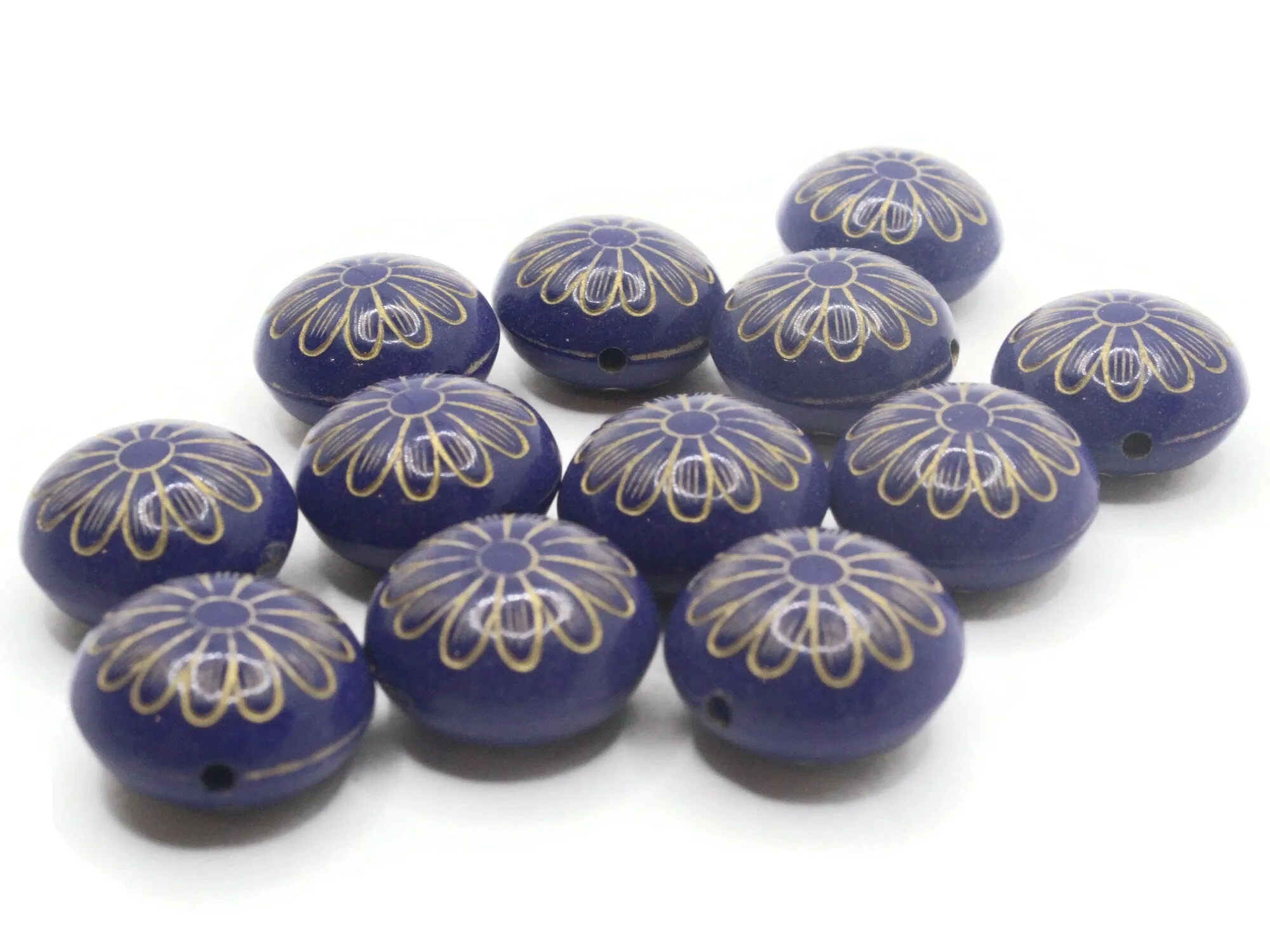 12 15mm Royal Blue with Gold Flower Puffed Coin Acrylic Beads