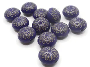 12 15mm Royal Blue with Gold Flower Puffed Coin Acrylic Beads