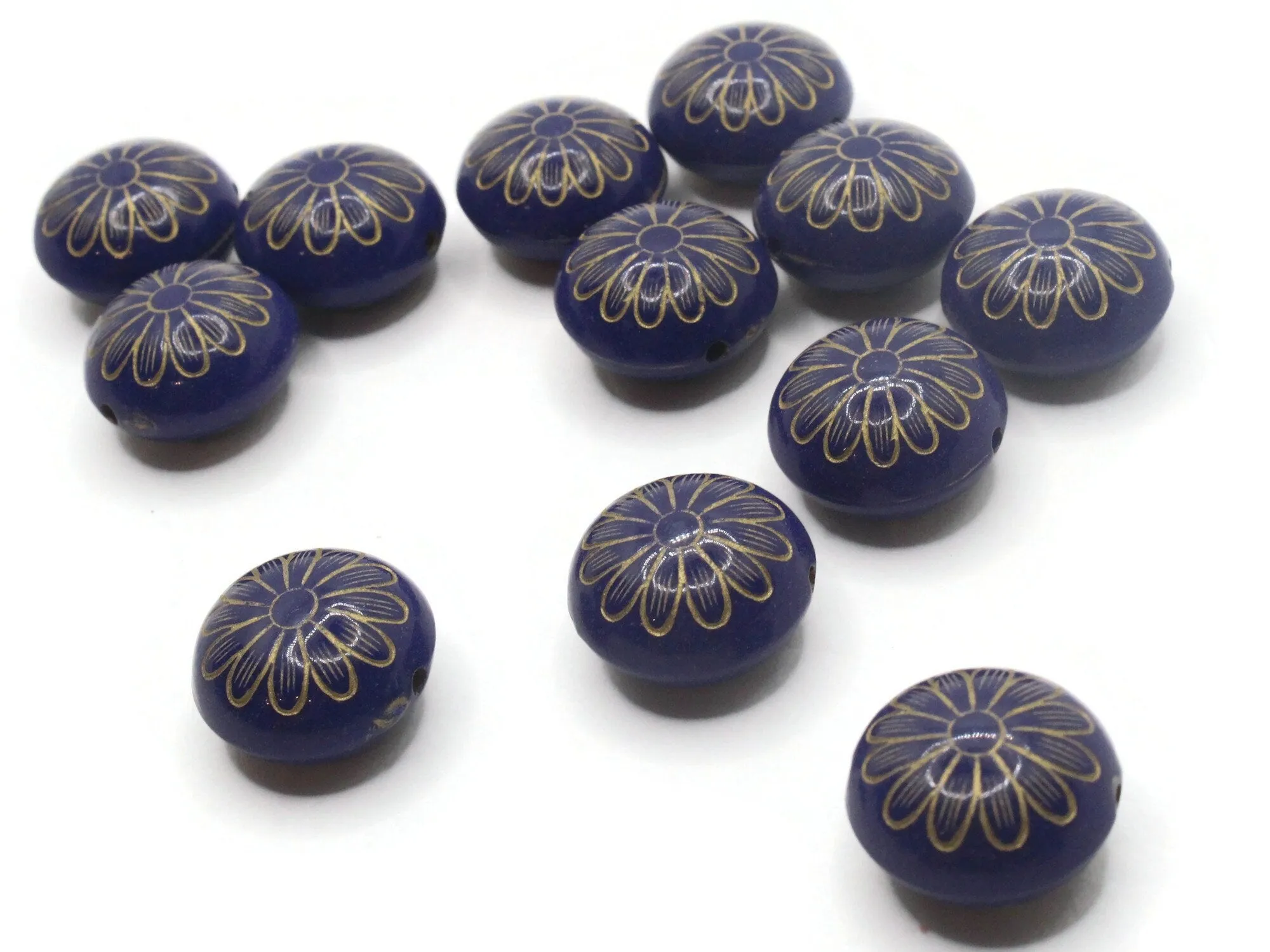 12 15mm Royal Blue with Gold Flower Puffed Coin Acrylic Beads