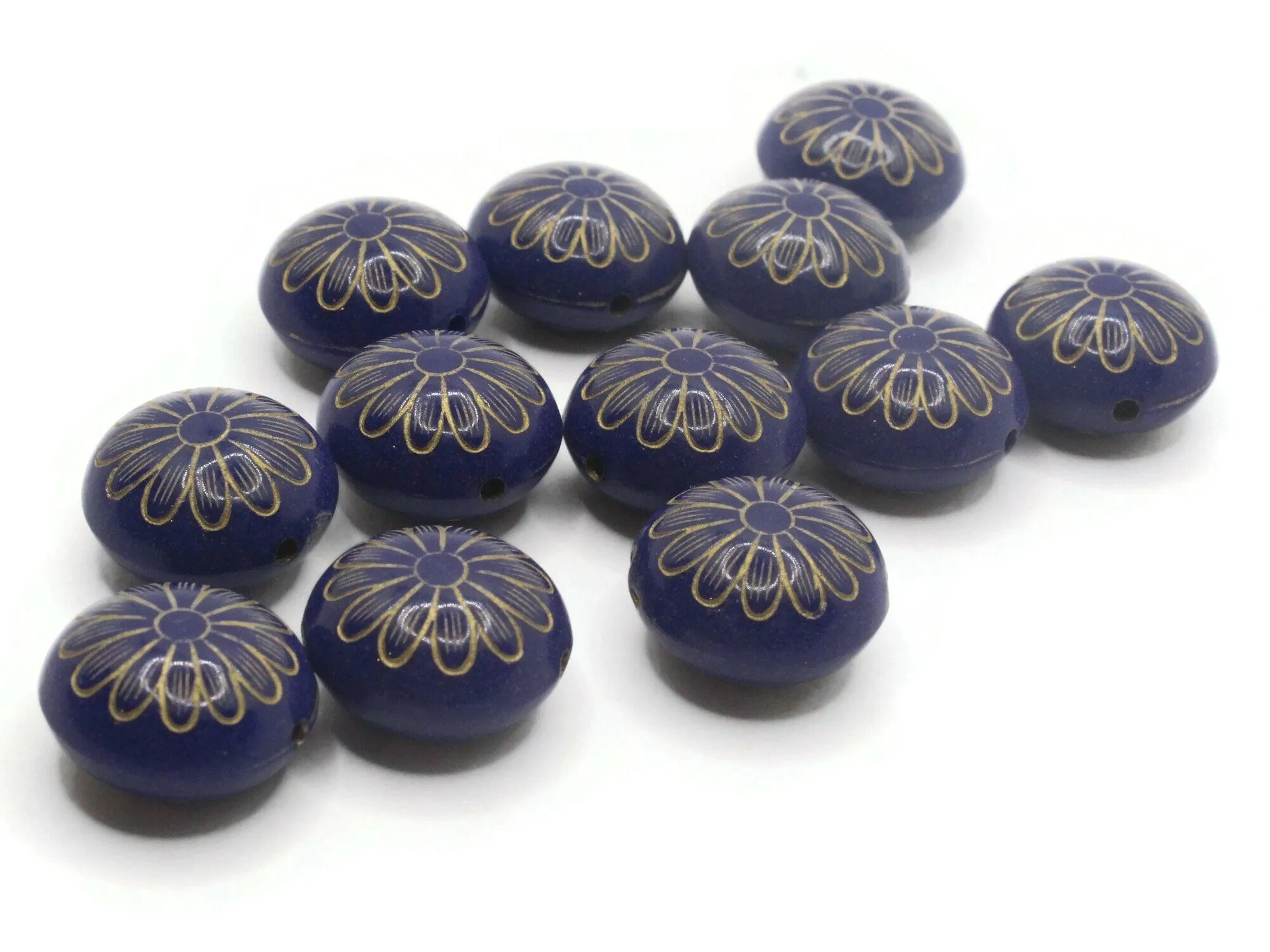 12 15mm Royal Blue with Gold Flower Puffed Coin Acrylic Beads