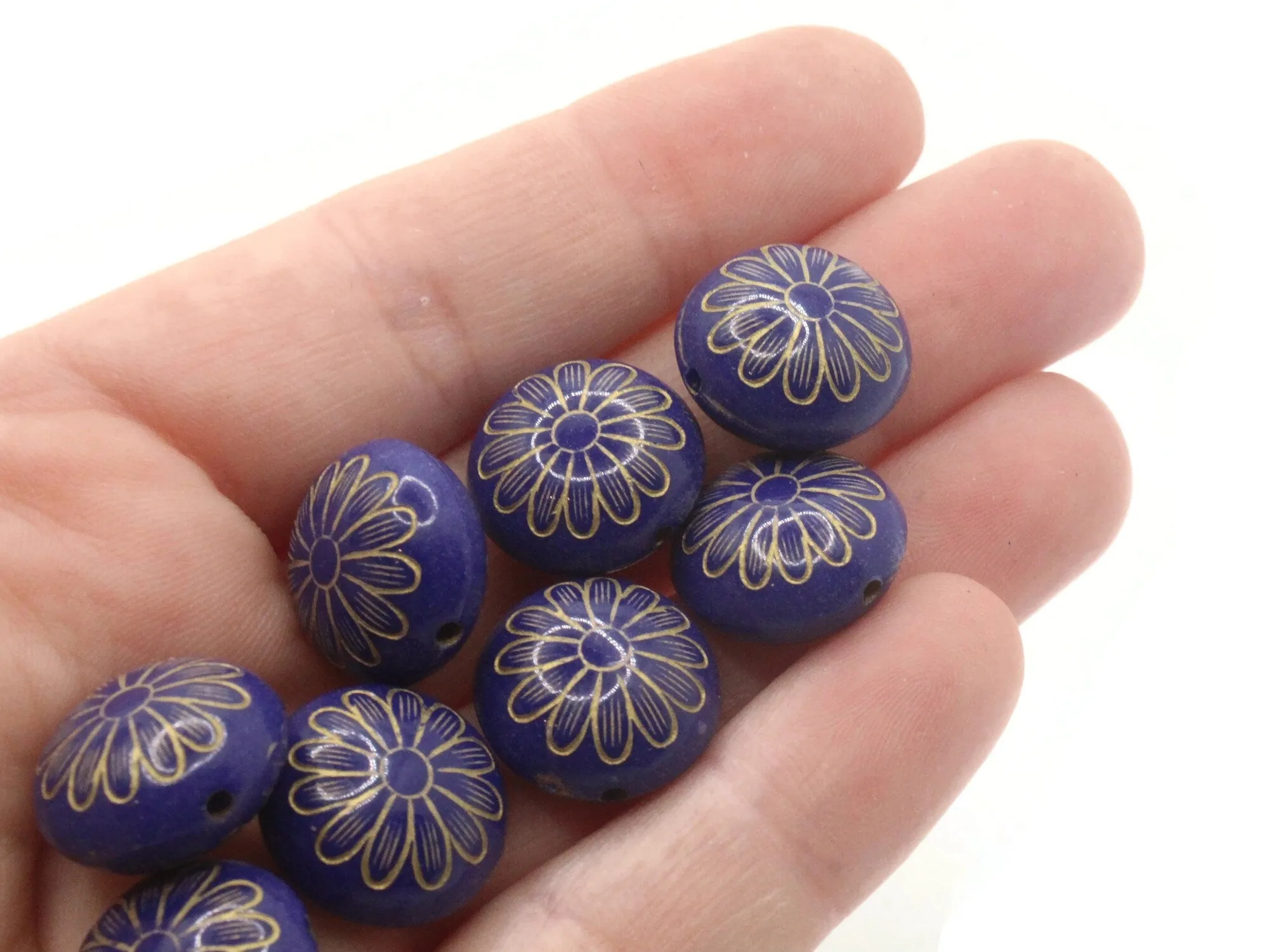 12 15mm Royal Blue with Gold Flower Puffed Coin Acrylic Beads