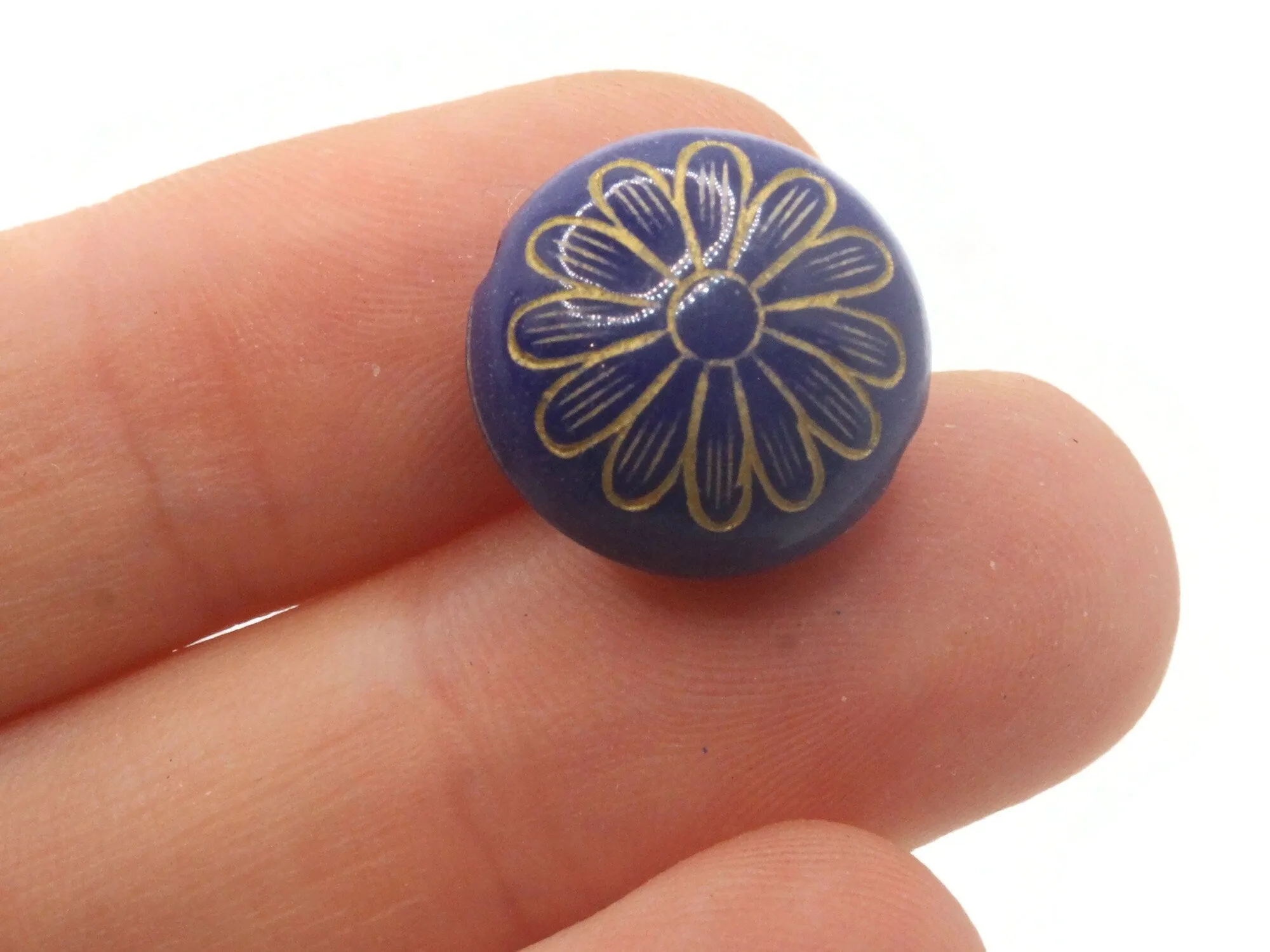 12 15mm Royal Blue with Gold Flower Puffed Coin Acrylic Beads