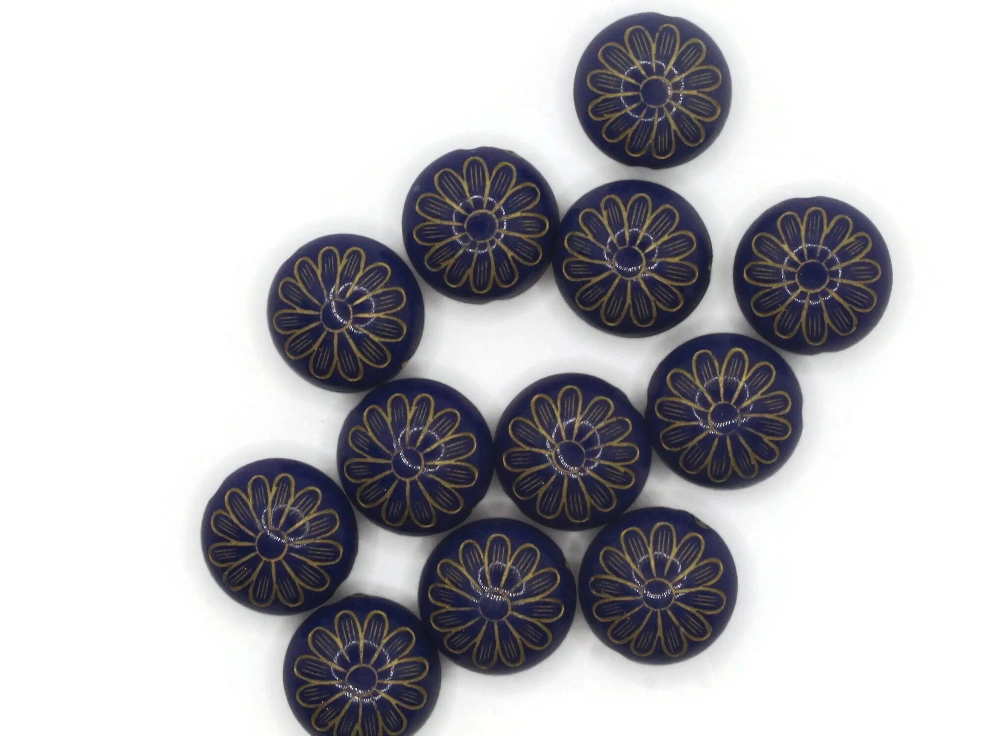 12 15mm Royal Blue with Gold Flower Puffed Coin Acrylic Beads