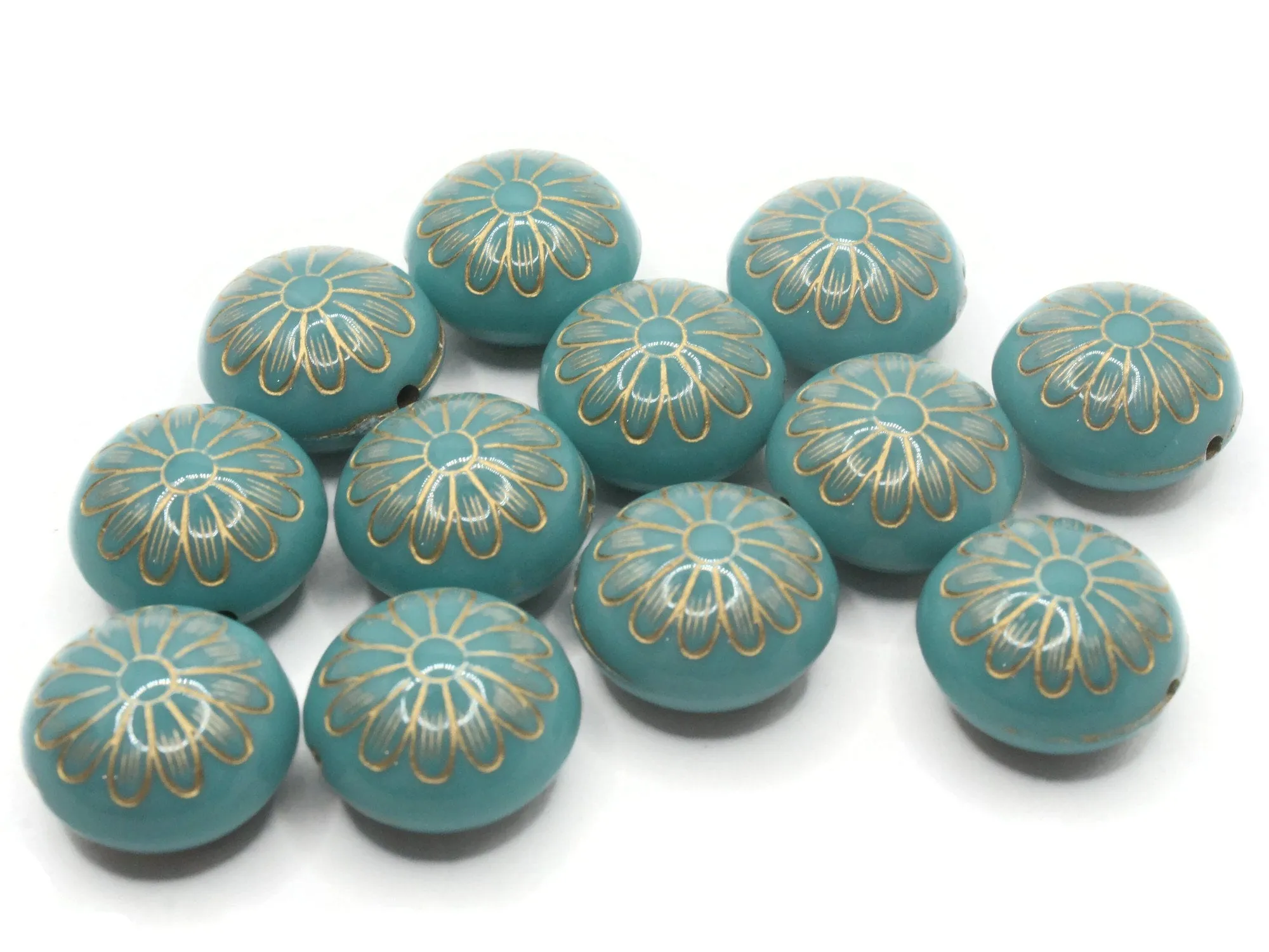 12 15mm Sky Blue with Gold Flower Puffed Coin Acrylic Beads