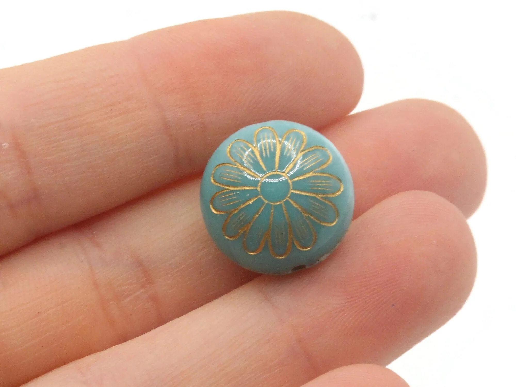 12 15mm Sky Blue with Gold Flower Puffed Coin Acrylic Beads