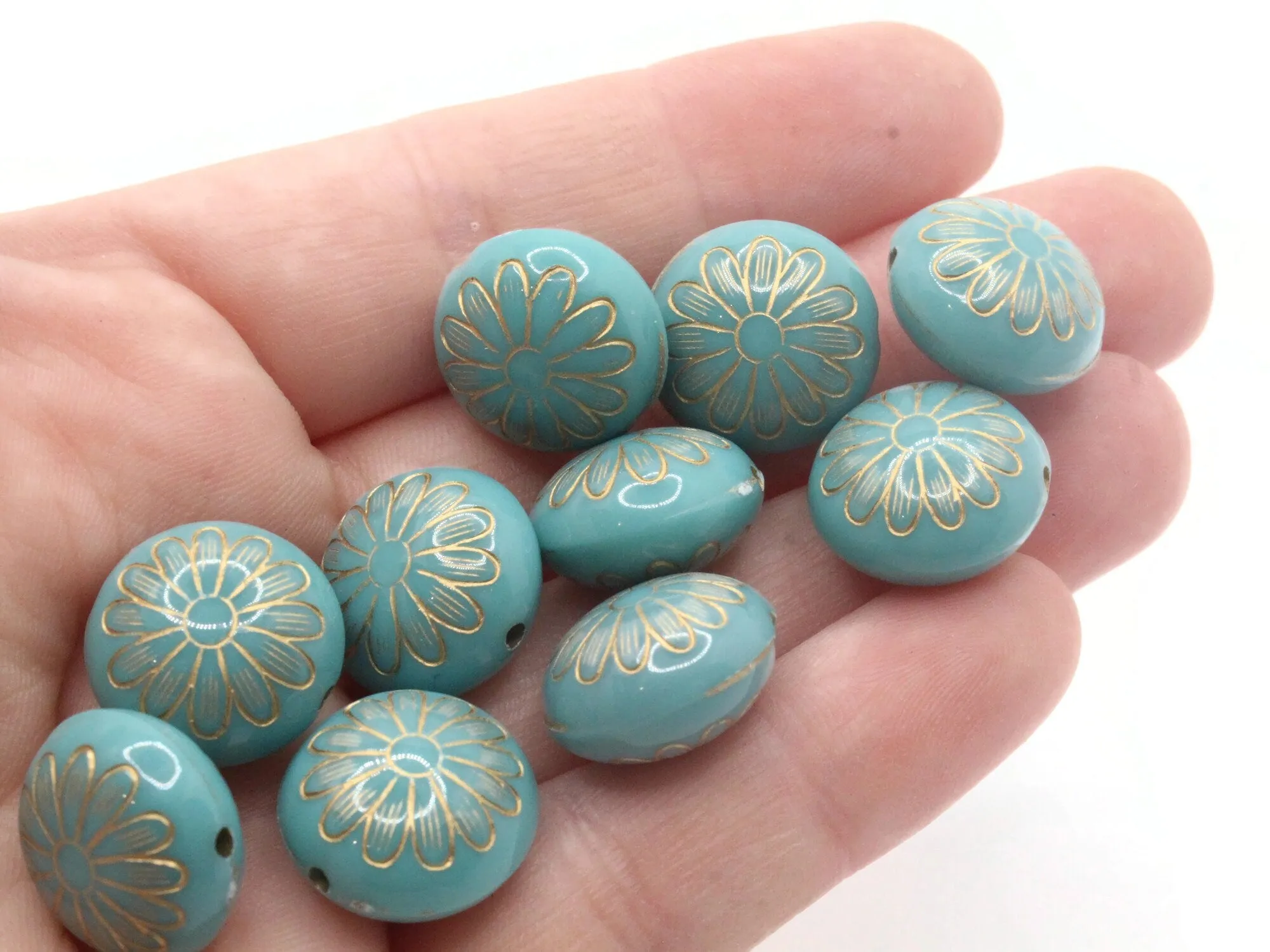 12 15mm Sky Blue with Gold Flower Puffed Coin Acrylic Beads