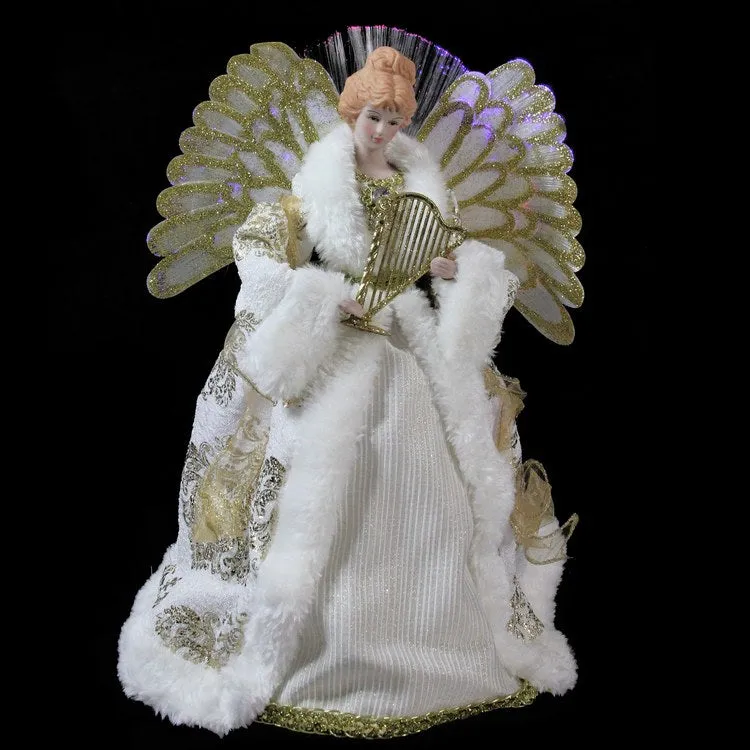 12" Angel In Gold and Cream Gown with Harp Lighted Fiber Optic Christmas Tree Topper