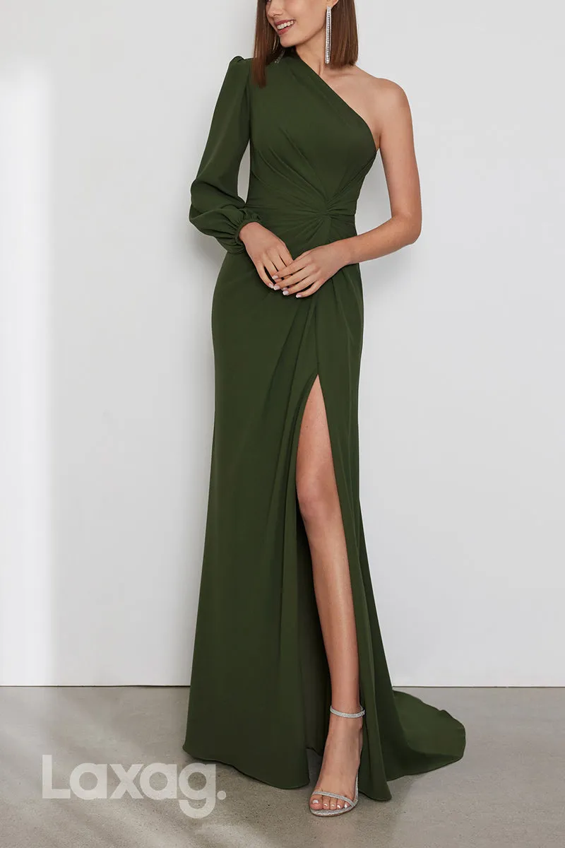 22801 - A-Line One Shoulder Long Sleeves Cocktail Party Dress with Slit and Train