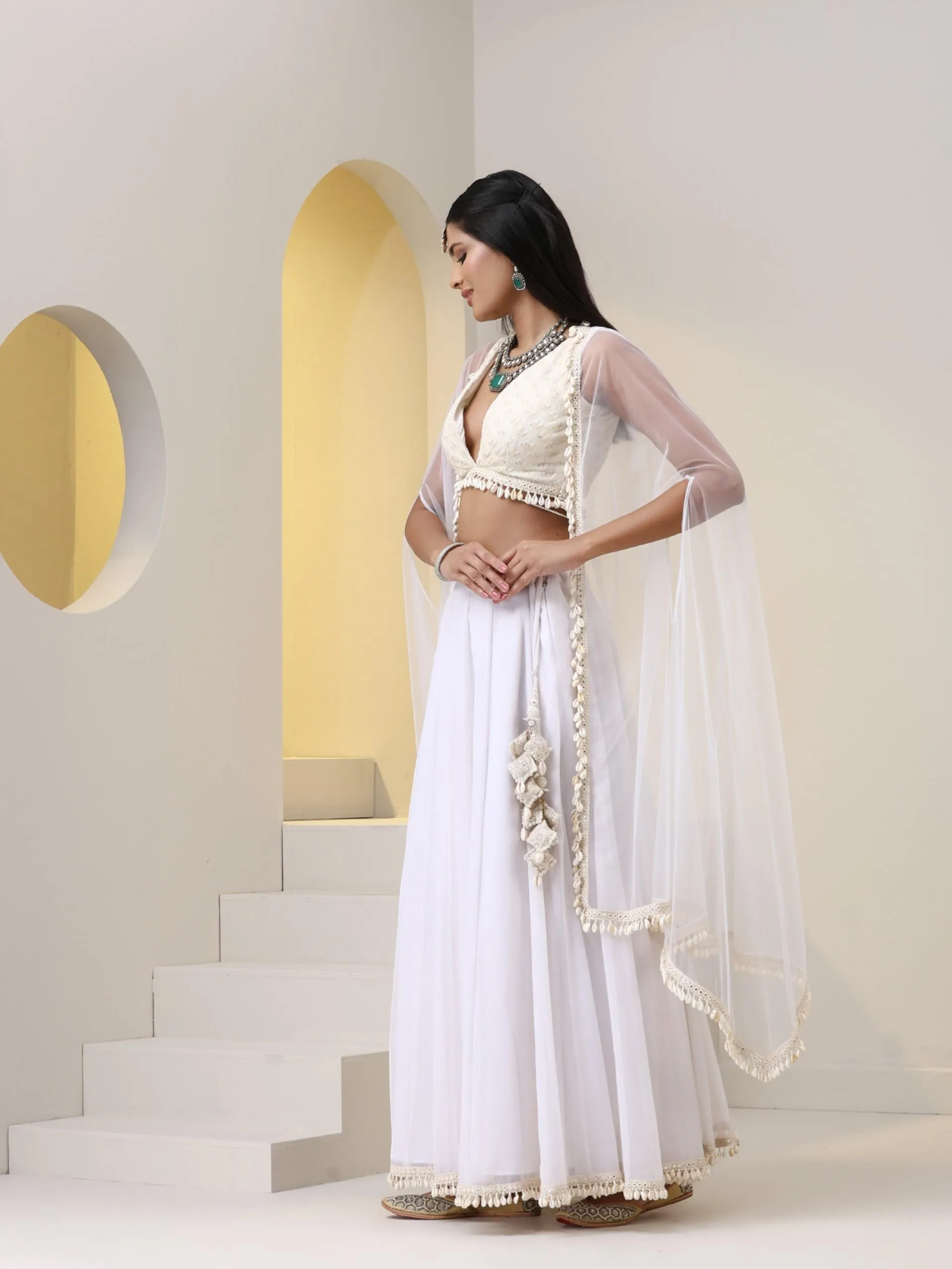 3 pc SET - White Gold Princess Chiffon Lehenga with Cowrie lace , All over embroiderred Blouse and Net Dupatta