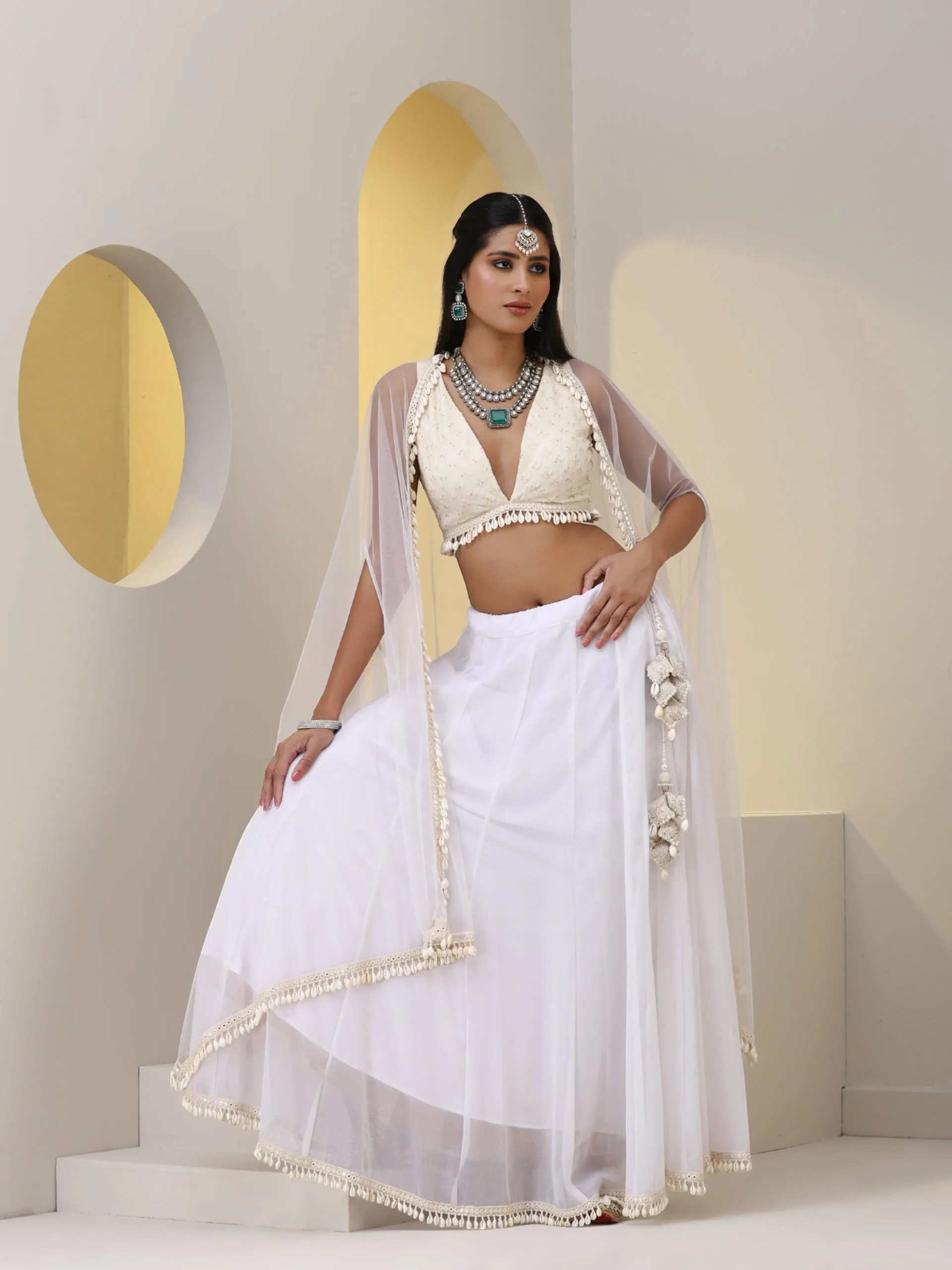 3 pc SET - White Gold Princess Chiffon Lehenga with Cowrie lace , All over embroiderred Blouse and Net Dupatta