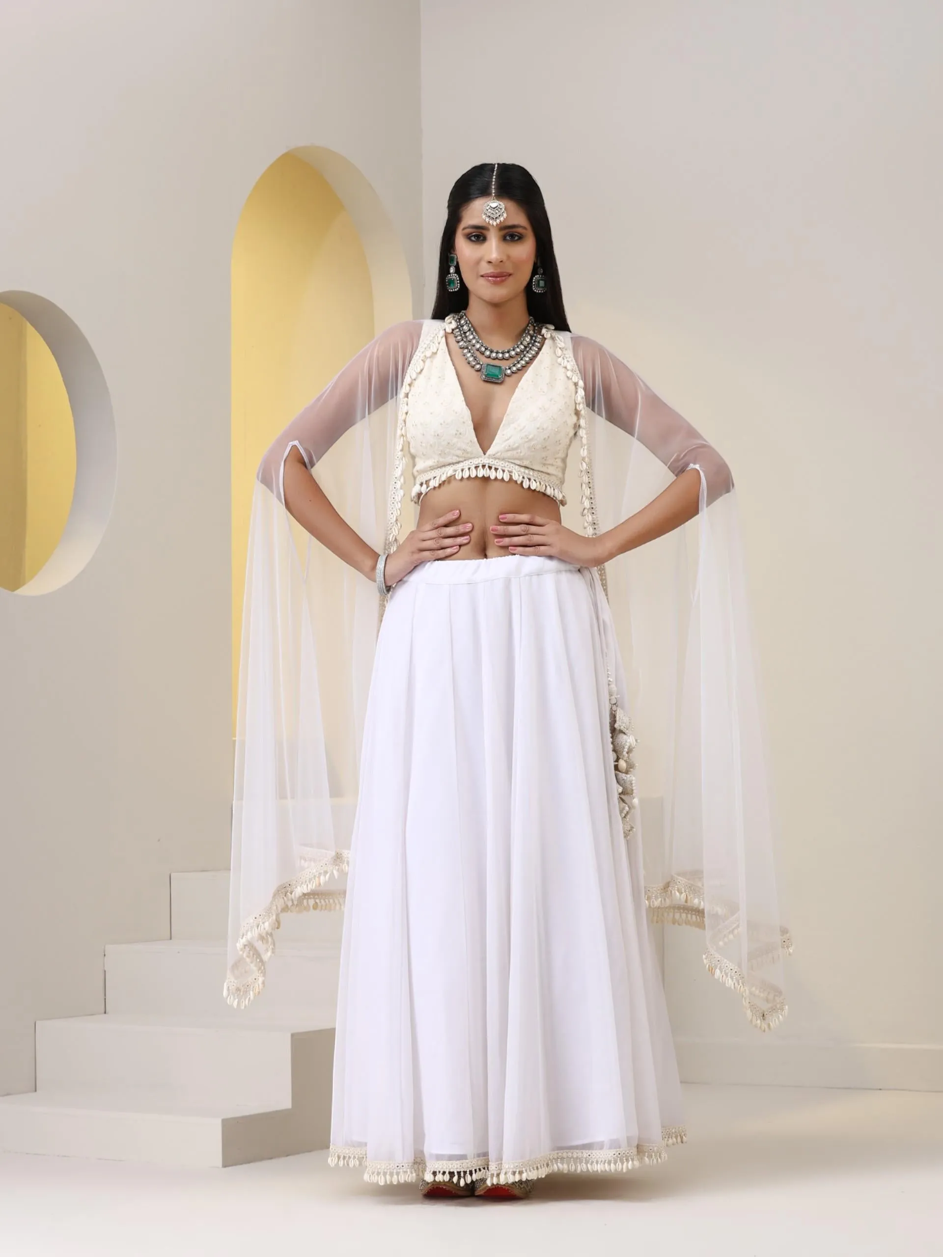 3 pc SET - White Gold Princess Chiffon Lehenga with Cowrie lace , All over embroiderred Blouse and Net Dupatta