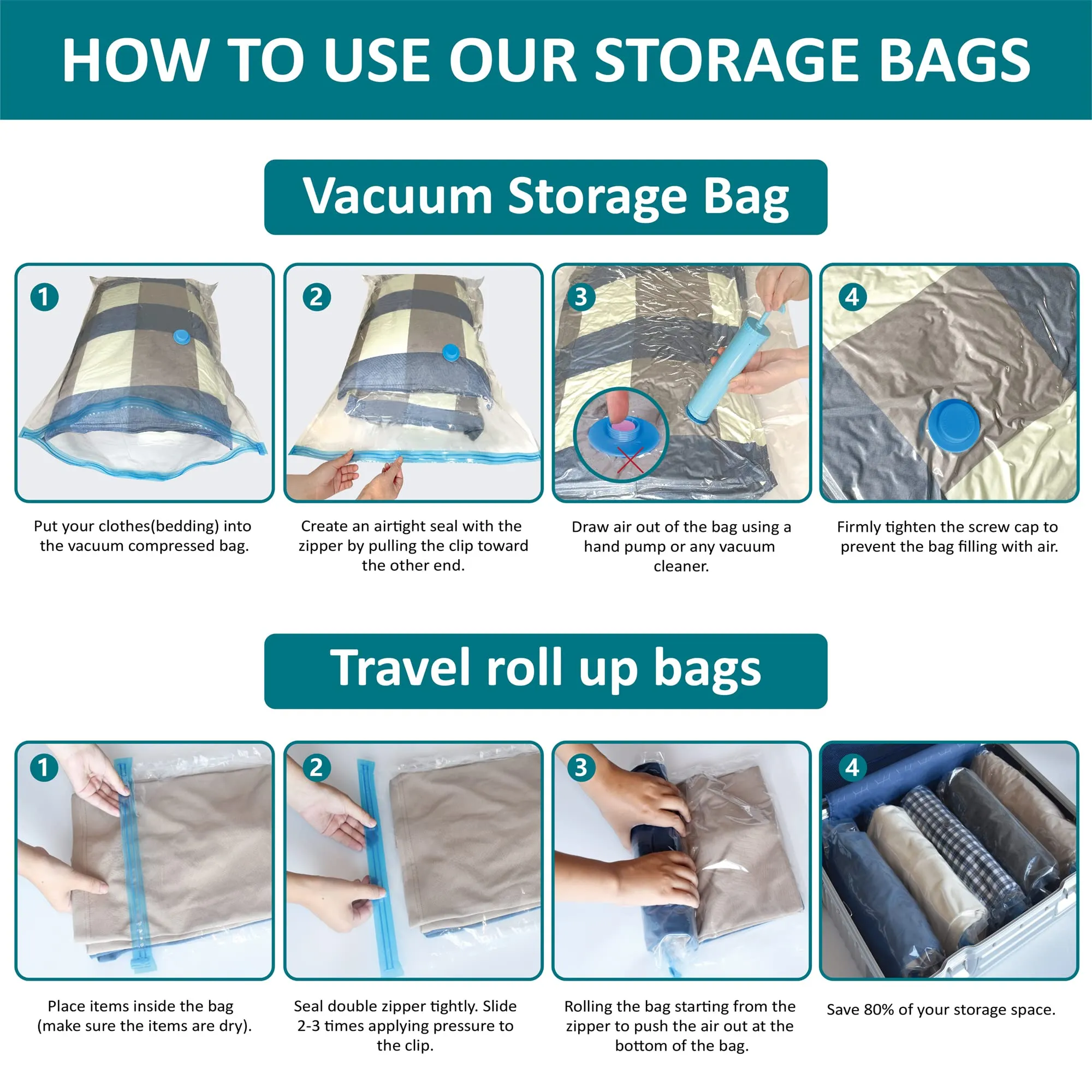 30 Pack Space Saver Bags (6 Jumbo/6 Large/6 Medium/6 Small/6 Roll) Compression Storage Bags for Comforters and Blankets, Vacuum Sealer Bags for Clothes Storage, Hand Pump Included