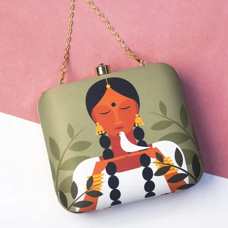 Artklim Traditional Girl With White Bird Printed Clutch