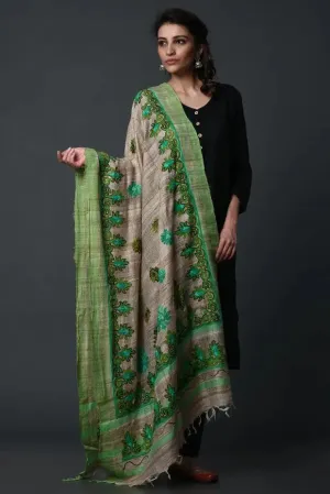 Beige-green handembroidered khadi silk dupatta