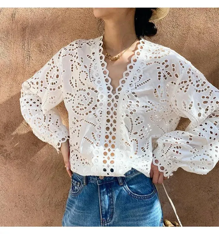 Cotton Embroidered French White Shirt Women’s Long Sleeve Design Sense