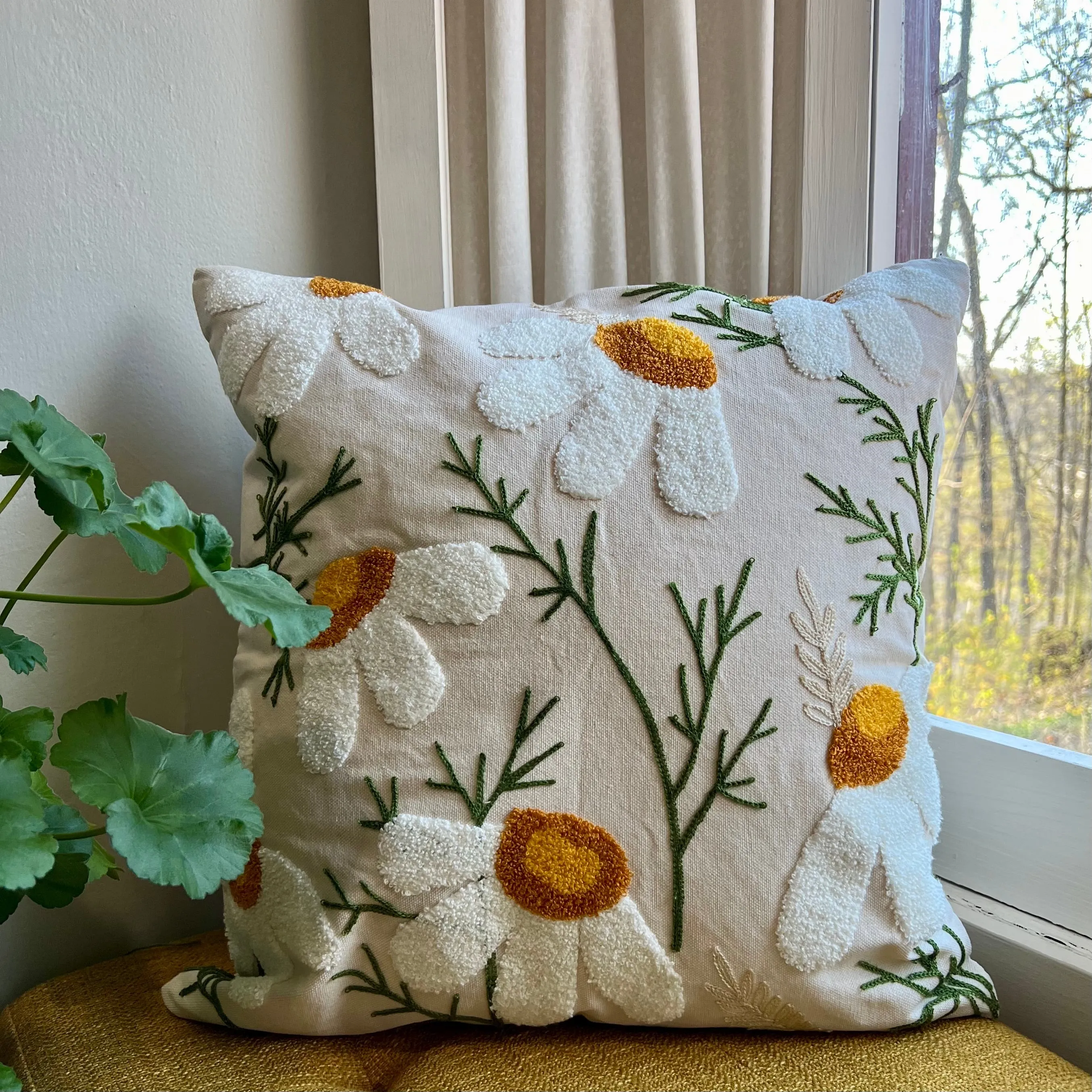 Daisy Embroidered Throw Pillow Cover