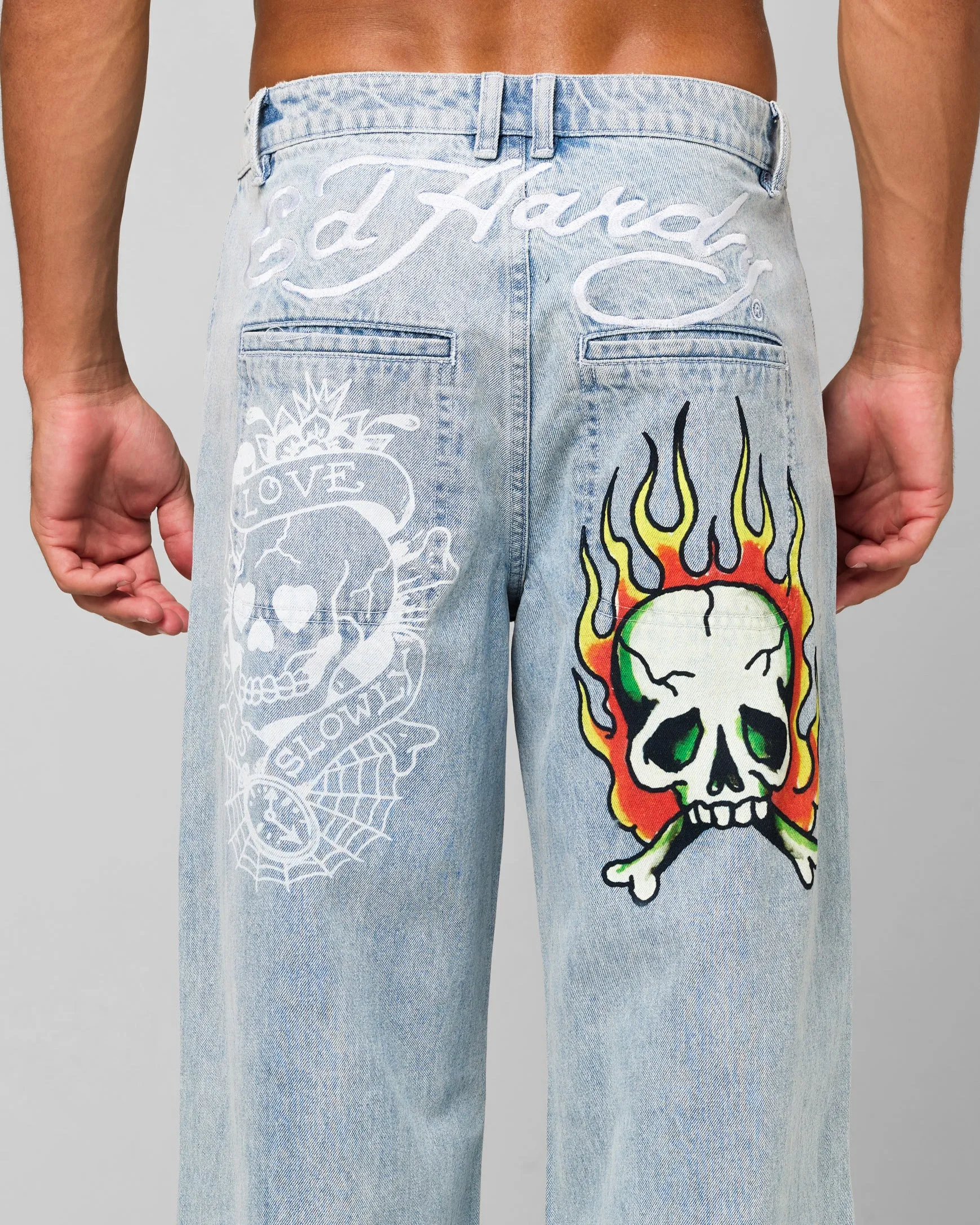 Ed Hardy Wide Leg Skull Jeans Light Blue