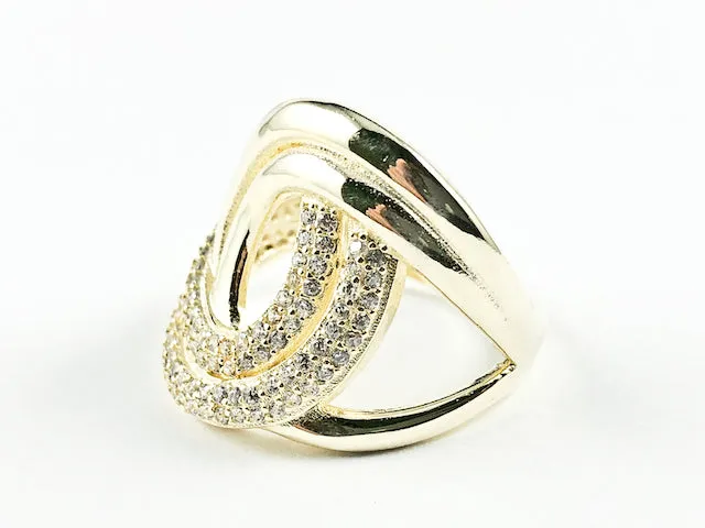 Elegant Swirl Style Half Shiny Metallic Half Micro CZ Design Gold Tone Silver Ring