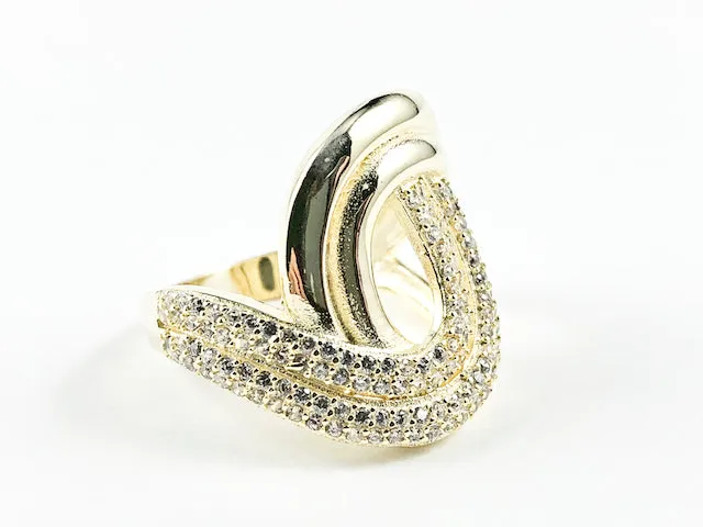 Elegant Swirl Style Half Shiny Metallic Half Micro CZ Design Gold Tone Silver Ring