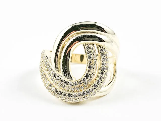 Elegant Swirl Style Half Shiny Metallic Half Micro CZ Design Gold Tone Silver Ring