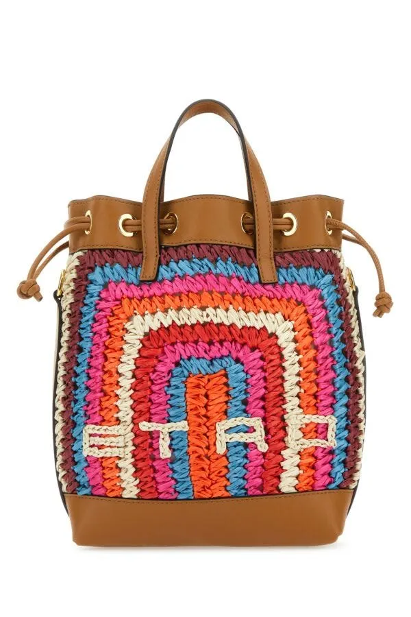 Etro Women Multicolor Raffia And Leather Bucket Bag