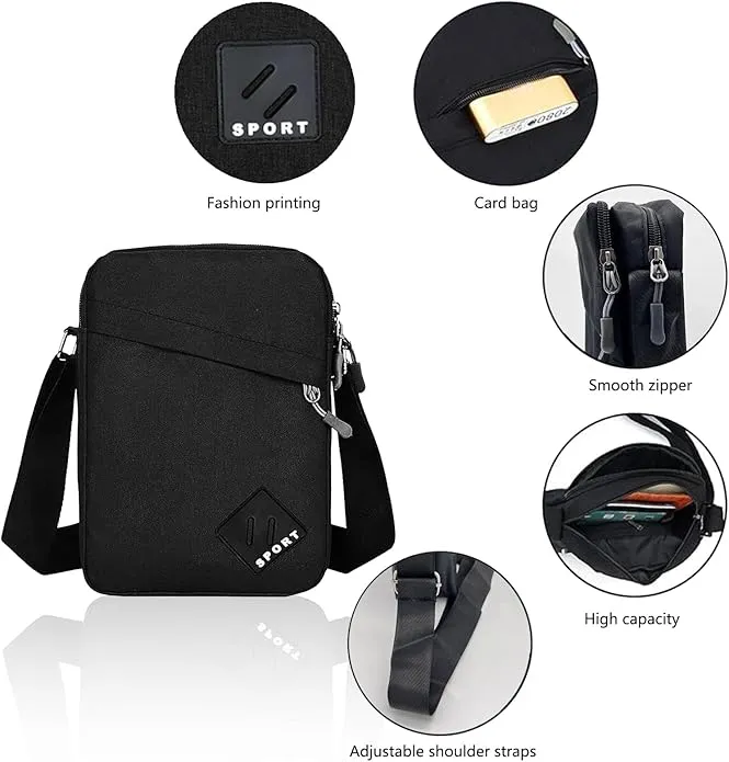 Geebymol Mens Shoulder Bag Nylon and Oxford Crossbody Bag, Messenger Bag with Zipper and Adjustable Strap, Mens Gifts for Fathers Day(Black)