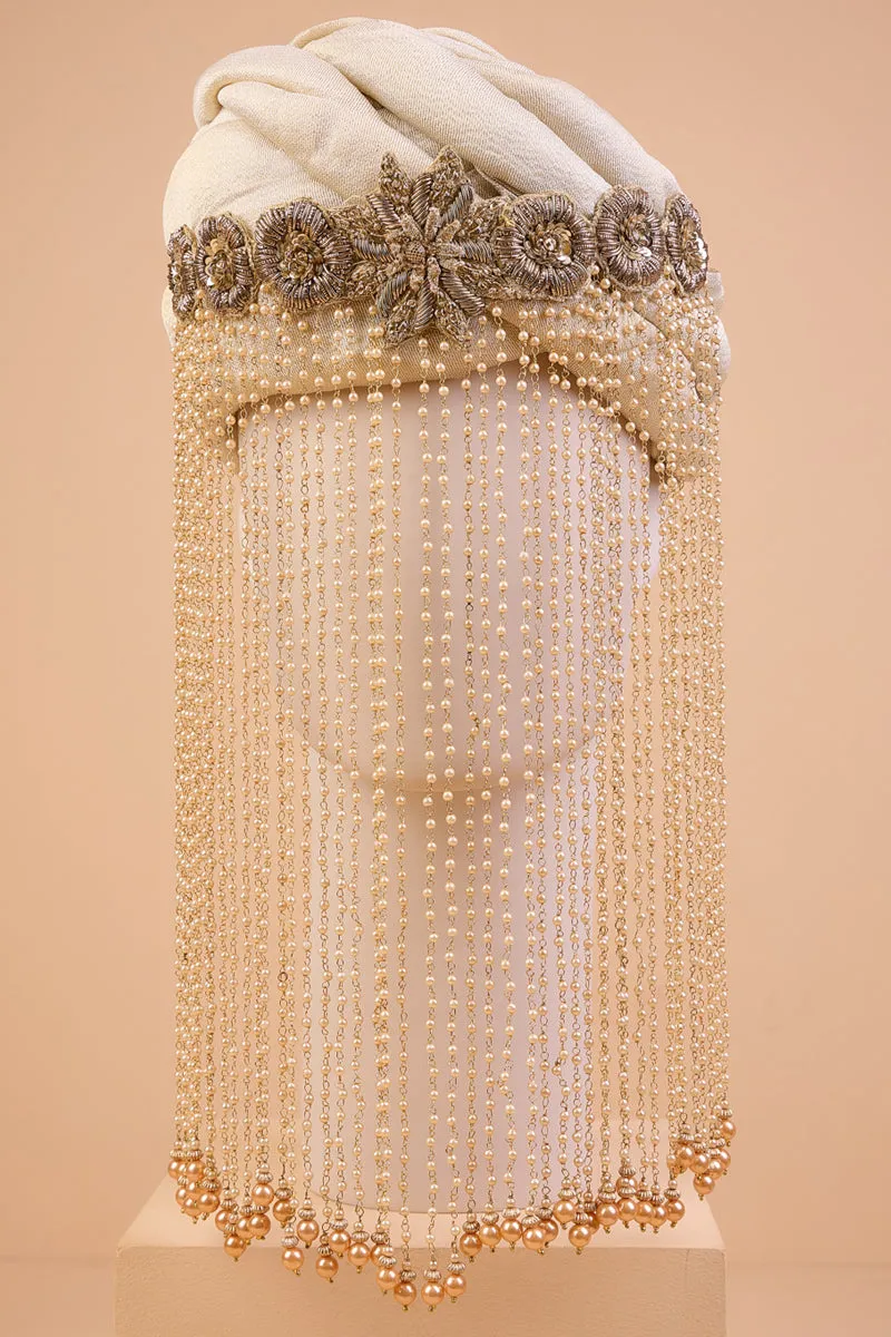 Gold Embroidered Sehra With Glass Drop Beads