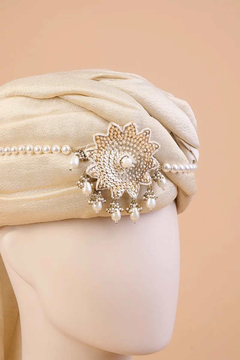 Gold Embroidered Sehra With Pearl String