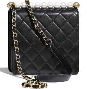 Gold Tone and Pearl Flap Bag, Black