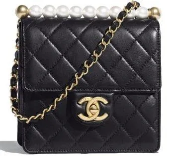 Gold Tone and Pearl Flap Bag, Black