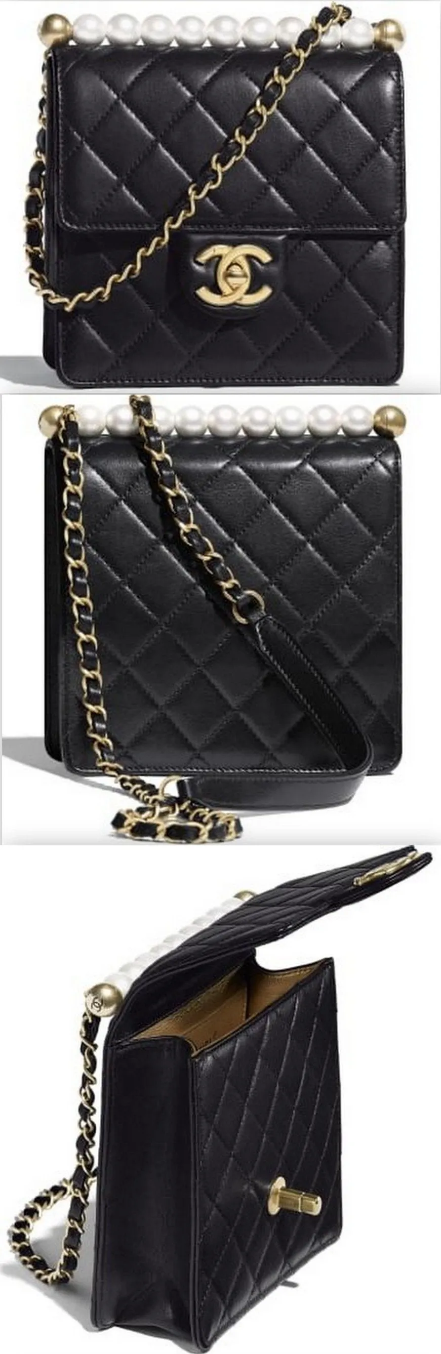 Gold Tone and Pearl Flap Bag, Black