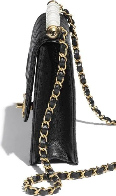 Gold Tone and Pearl Flap Bag, Black