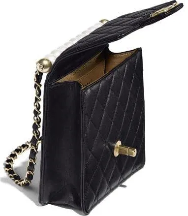 Gold Tone and Pearl Flap Bag, Black