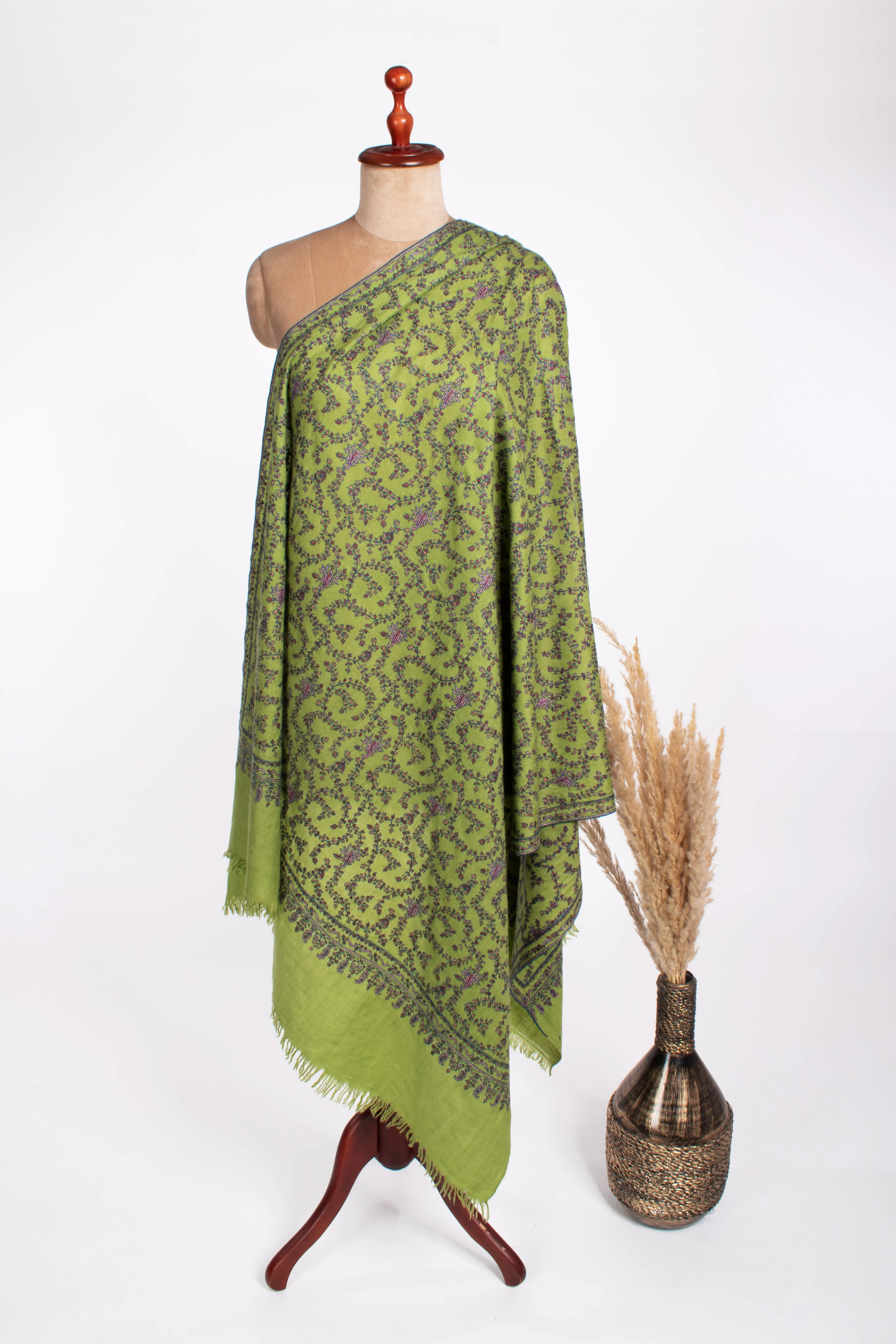 Green Embroidered Artistic Pashmina Shawl