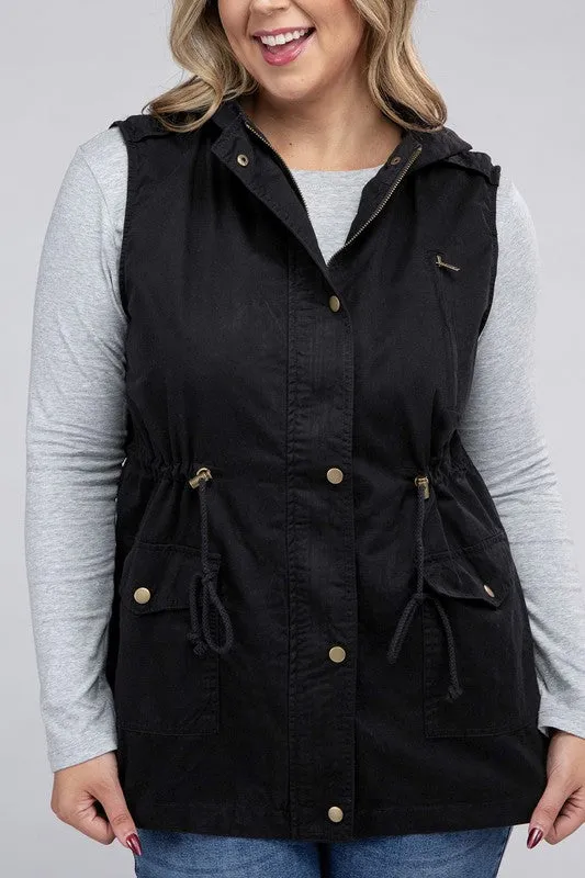 Hi Curvy Plus Size Women Drawstring Waist Military Hoodie Vest