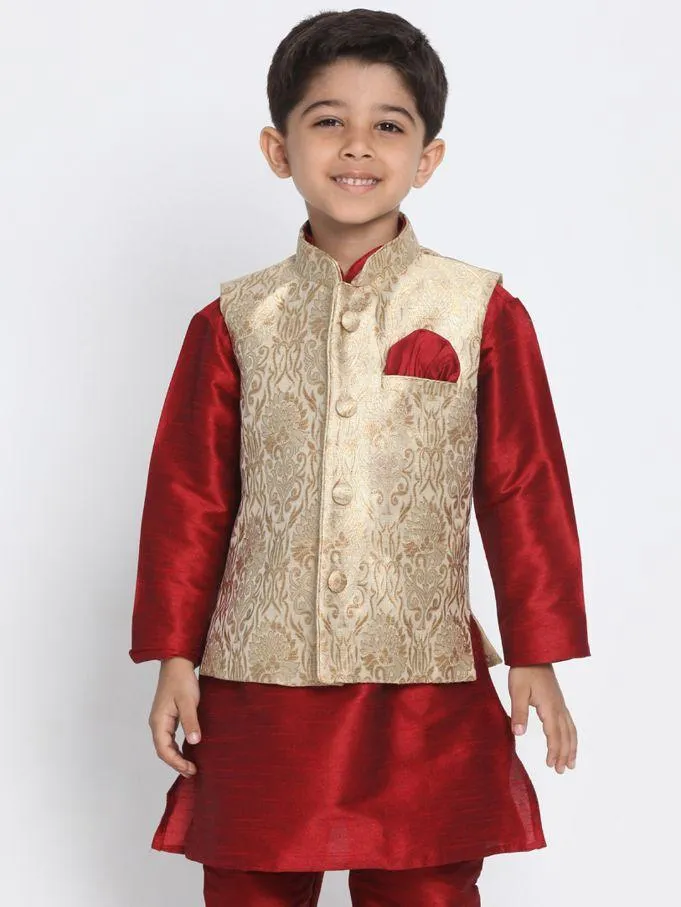 Jashvi Boys Gold Cotton Silk Blend Nehru Jacket