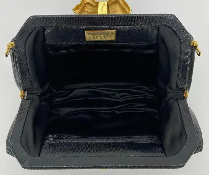 Judith Leiber Black Lizard Swarovski Crystal Bow Top Clutch