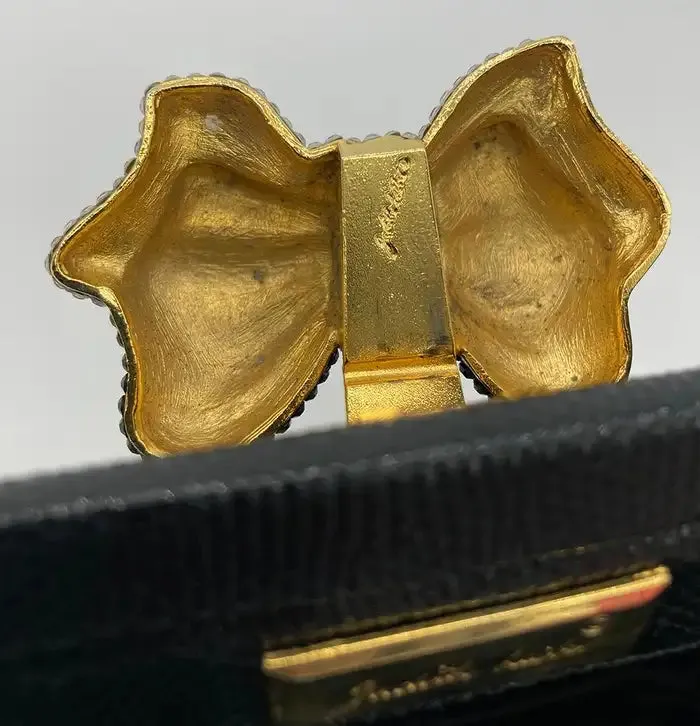 Judith Leiber Black Lizard Swarovski Crystal Bow Top Clutch