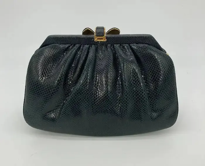 Judith Leiber Black Lizard Swarovski Crystal Bow Top Clutch