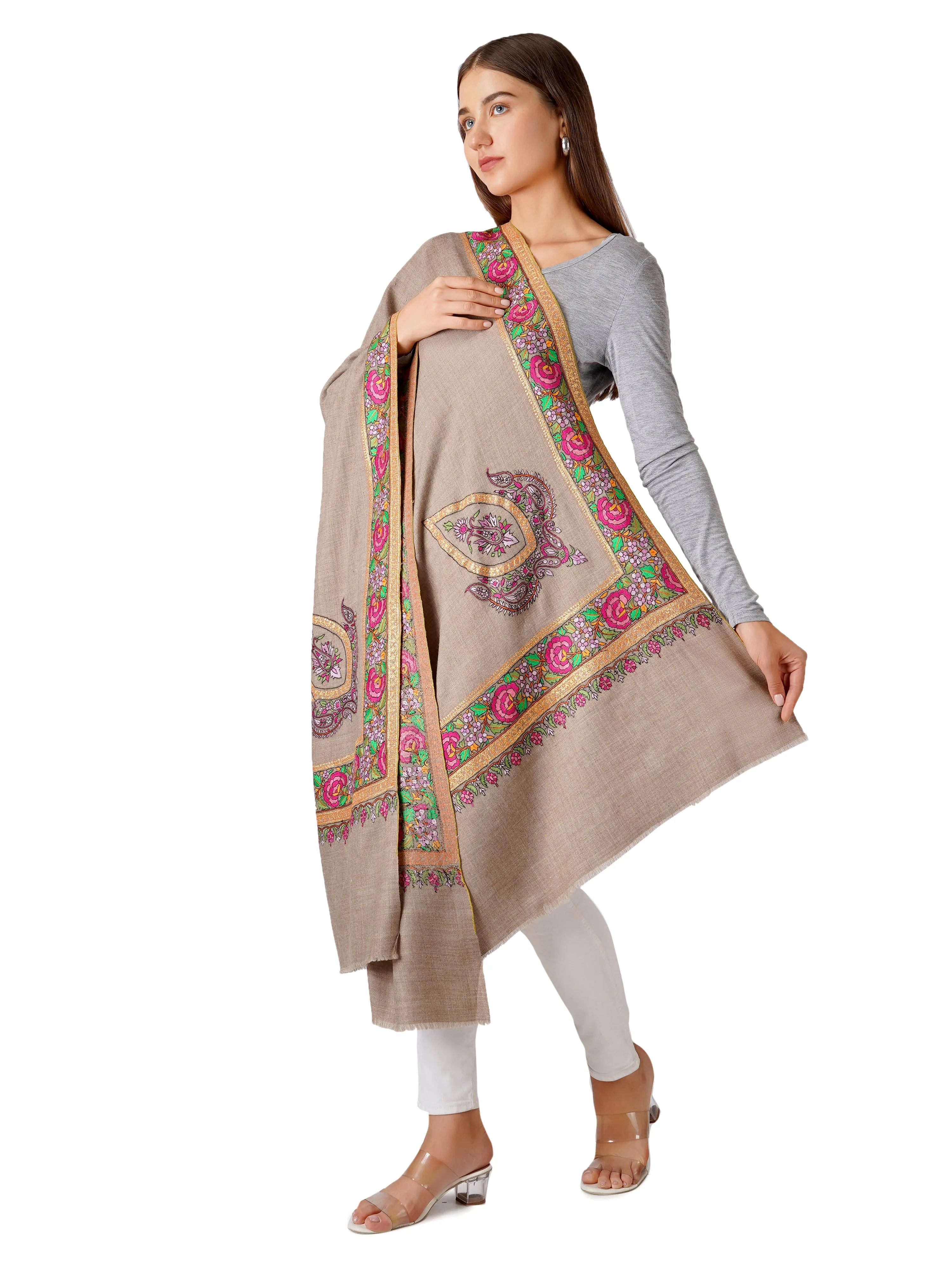 Luxurious Brown Pashmina Shawl with Intricate Sozni Embroidery