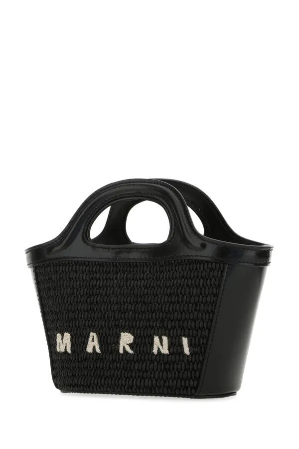 Marni Women Black Leather And Straw Micro Tropicalia Summer Handbag