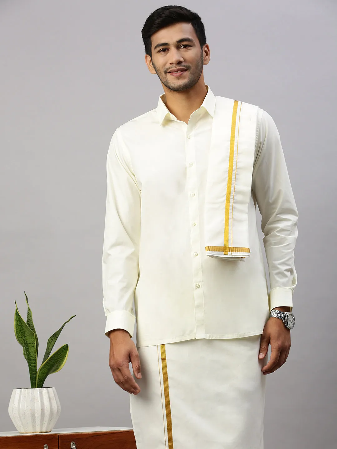 Men Cream Double Dhoti & Towel with Gold Jari 3/4" inch Nithyanjali