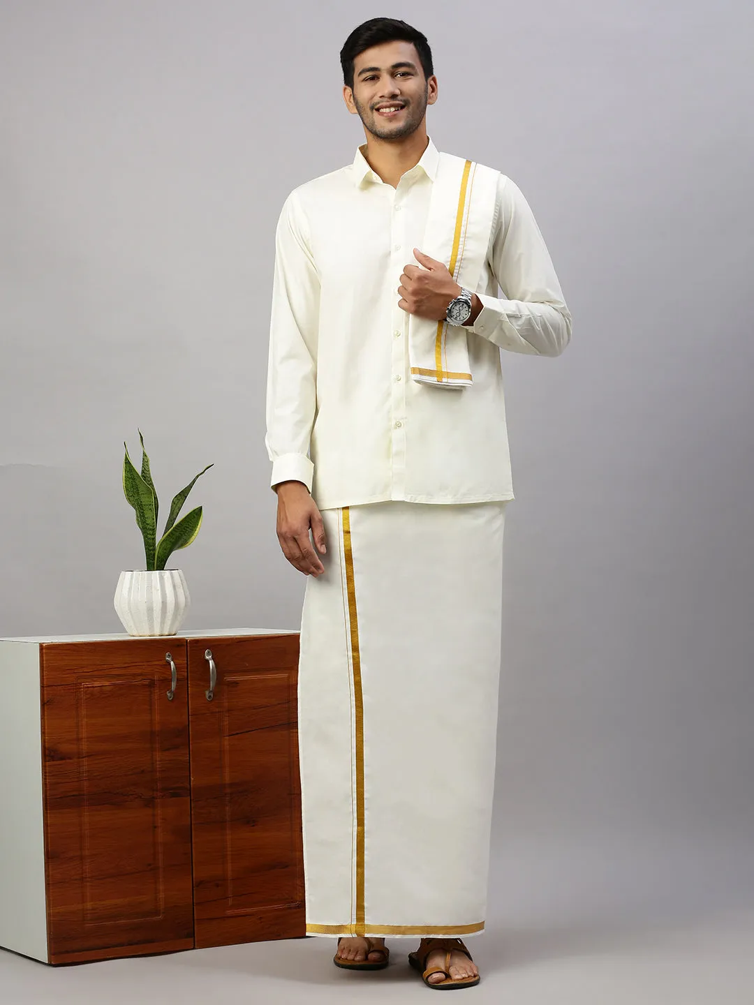 Men Cream Double Dhoti & Towel with Gold Jari 3/4" inch Nithyanjali