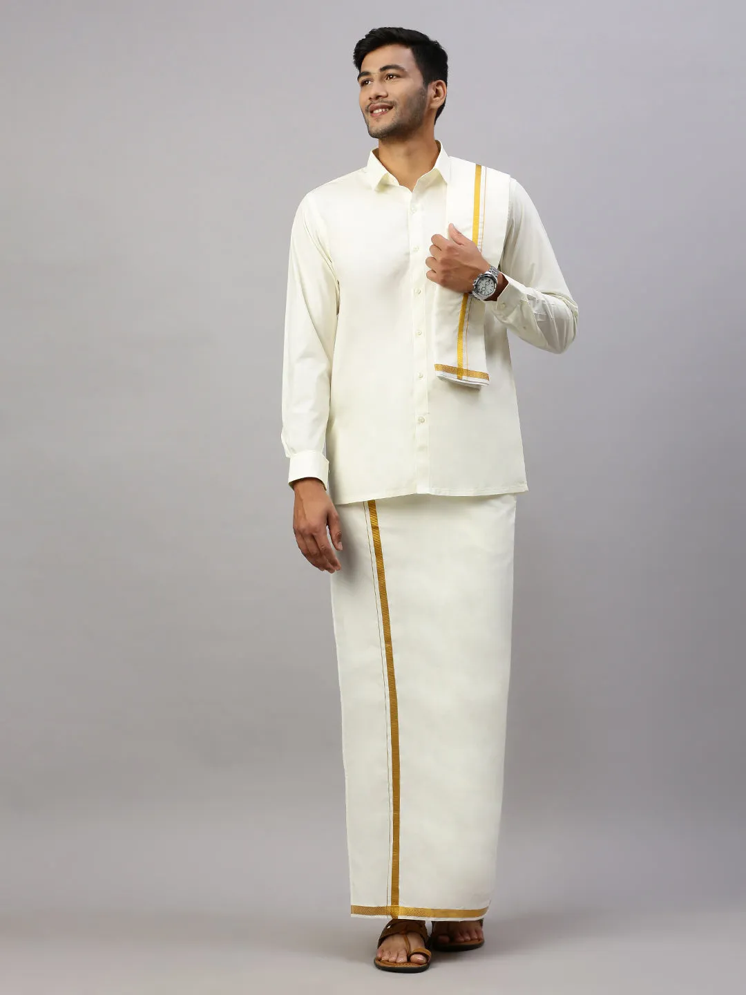 Men Cream Double Dhoti & Towel with Gold Jari 3/4" inch Nithyanjali